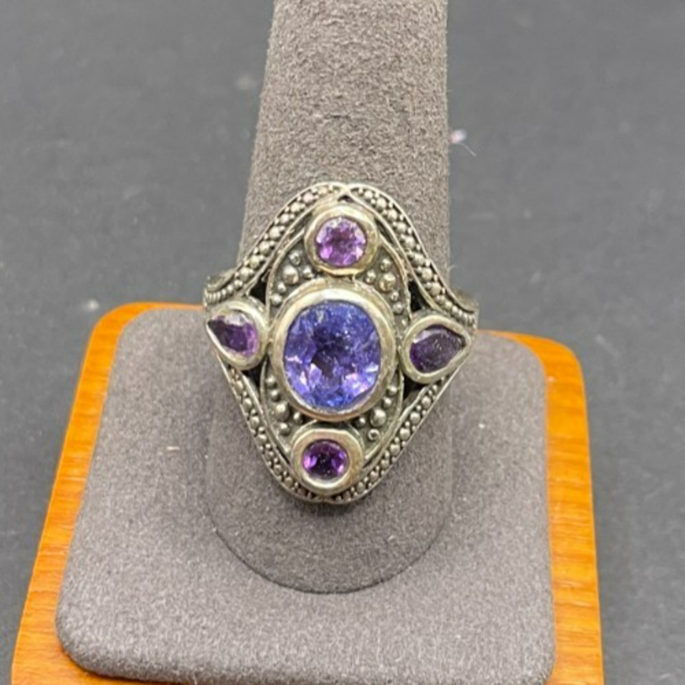 STS 925 Sterling Silver Purple Amethyst Marquise Cluster Statement Ring Sz 10.25